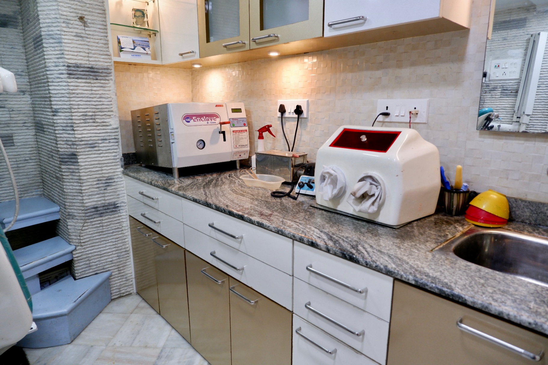 Sterilization bench with B-class autoclave at OroCare Dental Clinic, Bhowanipur